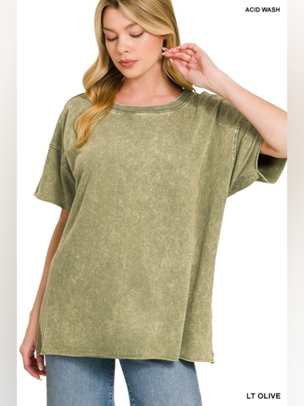 Z18 Zenana Olive Green  ACID WASH FRENCH TERRY DROP SHOULDER RAW EDGE TOP